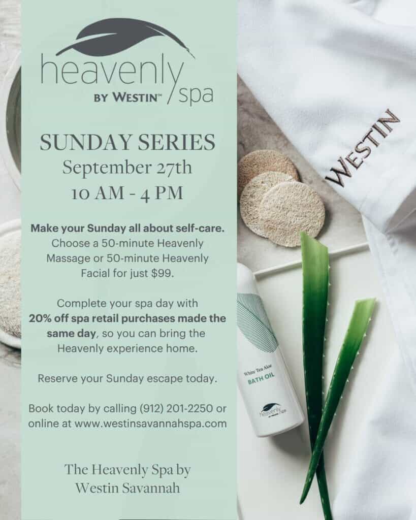 Promotional flyer for Sunday Series Spa event on September 27th featuring $99 50-minute Heavenly Massage or Facial treatments and 20% off retail purchases at The Heavenly Spa by Westin Savannah.